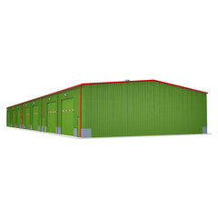 Small green warehouse building on white. 3D illustration