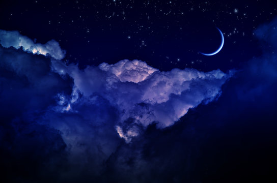 Night sky with clouds and moon. Universe filled with stars, nebula and galaxy
