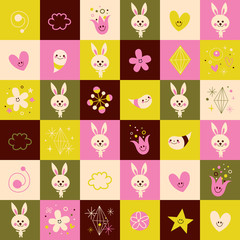 Obraz premium baby bunnies hearts flowers nature pattern