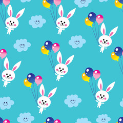 cute baby bunnies clouds balloons sky seamless pattern