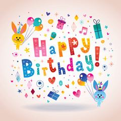 Happy Birthday greeting card with cute bunnies