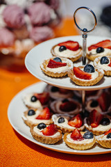 Cake with various berries and meringues on a stand