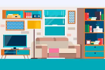 Living room with furniture. Cool graphic living room interior design with furniture sofa, chairs, bookcase, table, lamps. Flat vector illustration.