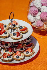 Cake with various berries and meringues on a stand