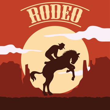rodeo poster with cowboy silhouette riding on wild horse and bull. vector illustration
