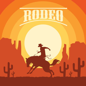 rodeo poster with cowboy silhouette riding on wild horse and bull. vector illustration