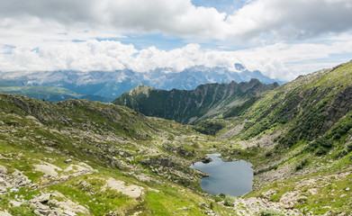 Glacier mountain lake in Brenta Dolomites.