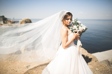 Fototapeta na wymiar Romantic beautiful bride in white dress posing on the background sea