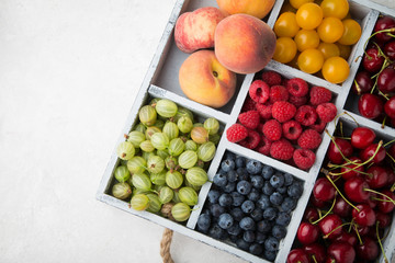 Assorted summer fruits and berries in a light wooden box with cells standing on light concrete background. Blueberries, raspberries, gooseberries, peaches, cherries. Top view