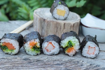 Mixed roll sushi set is delicious, Japanese food.