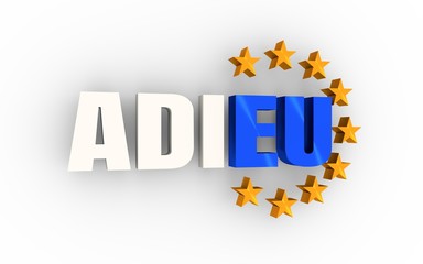 Relative to politic situation between Britain and european union. Politic process named as brexit. French language word. Translation of the inscription goodbye. Yellow stars from EU flag. 3D rendering