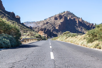 Lava rocks and road to the volcano Teide on Tenerife