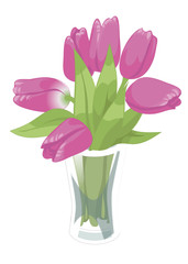Glass transparent vase with pink tulips. Vector flat illustration. Isolated on white background.