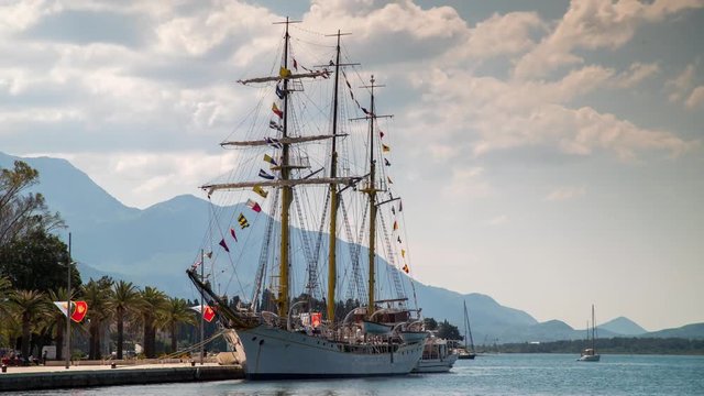 timelapse of a huge sailing ship in the porto montenegro marina in Tivat, montenegro
