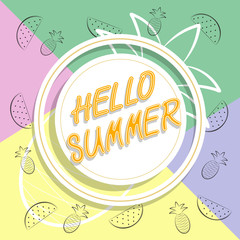Hello summer travel. The trend calligraphy . Vector illustration of coconuts and watermelons on a color background. Summertime concept.