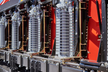 Bottom view of the fragment of the cutting apparatus of a combine harvester
