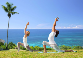 couple making yoga in low lunge pose outdoors