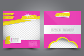 Square flyer template. Brochure design. Annual report poster. Leaflet cover. For business and education. Vector illustration. Pink and yellow color.