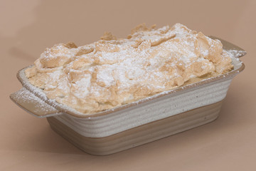 Fancy dessert with pancakes and marshmallow, place in a bowl, light background, isolated