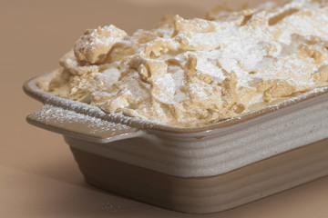 Fancy dessert with pancakes and marshmallow, place in a bowl, light background, isolated