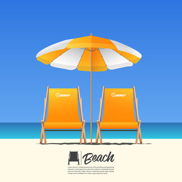 Two orange summer beach chair in front view and orange beach umbrella. Blue gradient sky background . Vector Illustration.