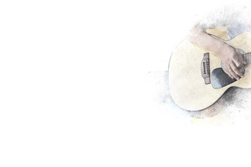 A man playing guitar watercolor background, Guitar isolated.
