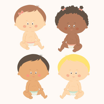 Multi-ethnic set of four babies sitting. Toddler girls and boys. Cartoon vector hand drawn eps 10 illustration isolated on white background