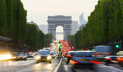 Paris city traffic at evening, long exposure photo