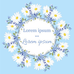Flower postcard with a wreath of white daisies, round frame, place for text, blue background.