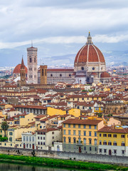 Duomo Santa Maria Del Fiore and Bargello in the morning from Piazzale Michelangelo in Florence, Tuscany, Italy. Cathedral Santa Maria del Fiore.