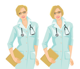 Vector illustration of young woman doctor in formal gown with different hairstyle on white background