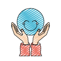 color crayon silhouette hands with floating blue happy face vector illustration