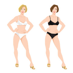 vector illustration of blonde and brunette girls in underwear on white background