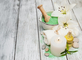 Spa products with white lilies