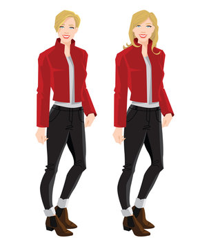 Vector illustration of blonde girls in bomber jacket, jeans and ankle boot with side elastic gussets on white background
