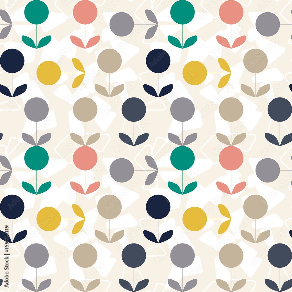 Aufkleber Modern vector abstract seamless geometric pattern with stylized flowers and leaves in retro scandinavian style.