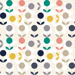 Plakat Modern vector abstract seamless geometric pattern with stylized flowers and leaves in retro scandinavian style.