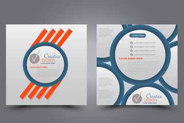 Square flyer template. Brochure design. Annual report poster. Leaflet cover. For business and education. Vector illustration. Blue and orange color.