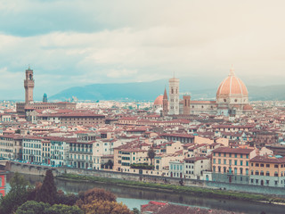 Obraz premium Duomo Santa Maria Del Fiore and Bargello in the morning from Piazzale Michelangelo in Florence, Tuscany, Italy. Cathedral Santa Maria del Fiore.