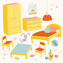 Set of furniture for children room. Kids small furniture. Bed, table with children's chairs, wardrobe and chest. Hand drawn cartoon illustration on white background. Baby shower design elements.