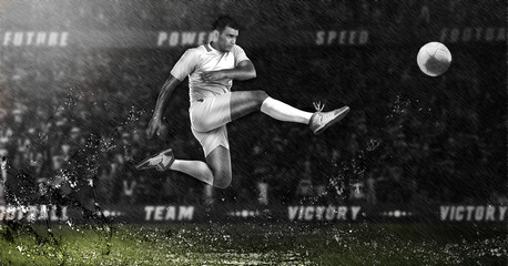 Obraz na płótnie Canvas Brutal Soccer action on rainy 3d sport arena. mature player with ball