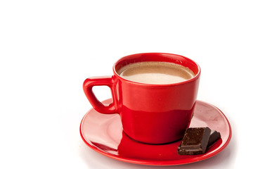 Red cup of hot chocolate on white