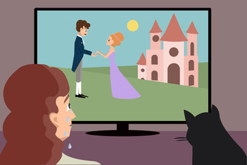 crying woman watching romantic movie cartoon