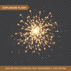 Golden glowing lights effects isolated on transparent background. Explosion Flash with rays and spotlight. Star burst with sparkles. Vector illustration