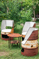 Oil drum furniture. Hand made barrels decorate for chairs
