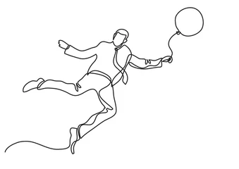 Fotobehang businessman flying with balloon - single line drawing © OneLineStock