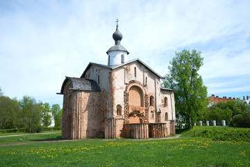 Fototapeta na wymiar Medieval church Paraskev Fridays on Yaroslavovy court in the May afternoon. Veliky Novgorod, Russia