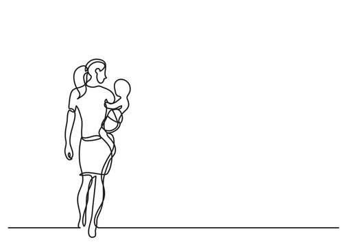 mother carrying her baby - single line drawing