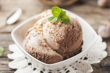 chocolate ice cream on wooden board