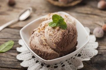 chocolate ice cream on wooden board